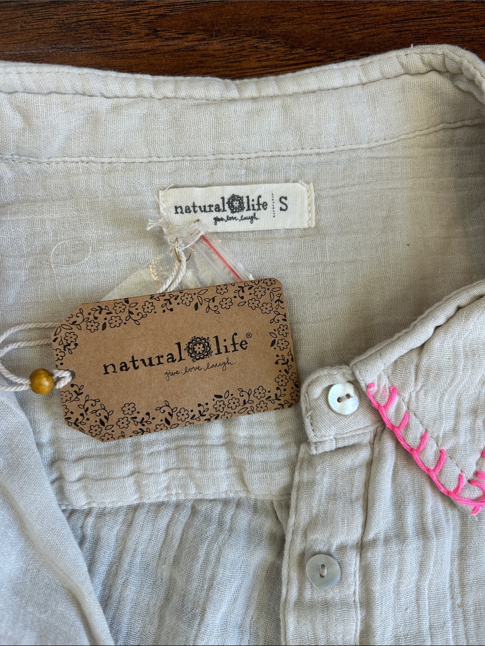 NATURAL LIFE Cream Button-Up Tunic with Pink Trim - Picture 2 of 8